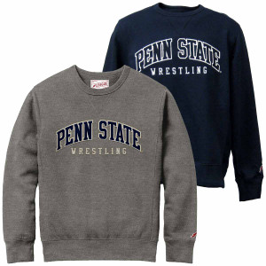 gray and navy crew neck sweatshirts with sewn Penn State Wrestling